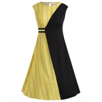 Striped Color Block Flare Dress - Black